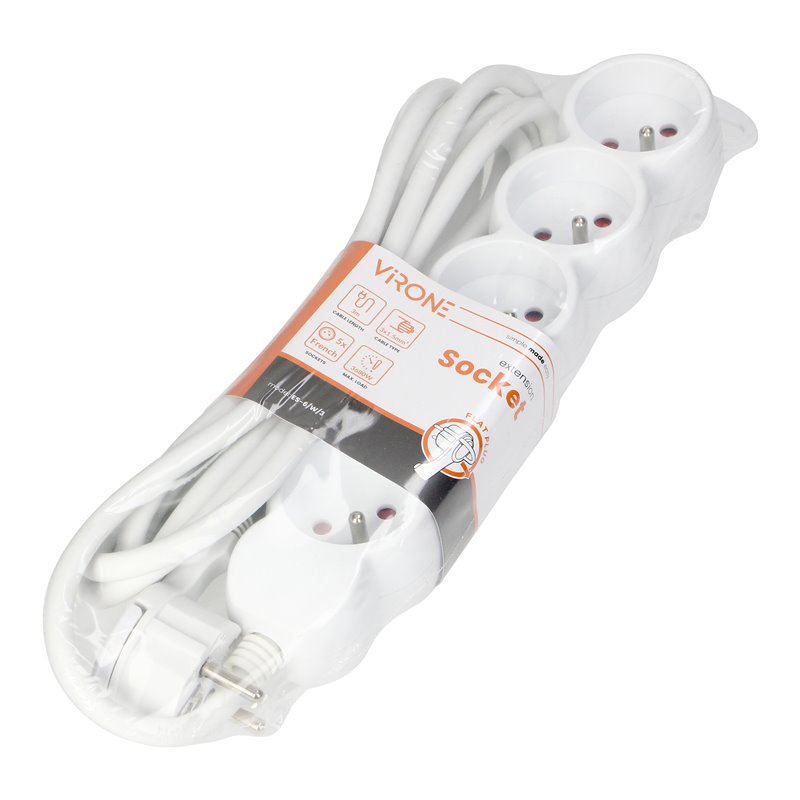 PRZEDŁUŻACZ 5-KROTNY 2P+Z, 3M H05VV-F 3X1,5MM2, IMAX16A, PŁASKA WTYCZKA, BIAŁY ORNO PRZEDŁUŻACZ 5-KROTNY 2P+Z, 3M H05VV-F 3X1,5MM2, IMAX16A, PŁASKA WTYCZKA, BIAŁY ORNO