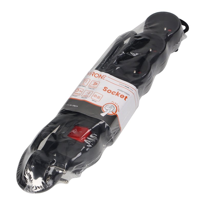 PRZEDŁUŻACZ 5-KROTNY 2P+Z Z WYŁĄCZNIKIEM, 1,5M H05VV-F 3X1,5MM2, IMAX16A, PŁASKA WTYCZKA, CZARNY ORNO PRZEDŁUŻACZ 5-KROTNY 2P+Z Z WYŁĄCZNIKIEM, 1,5M H05VV-F 3X1,5MM2, IMAX16A, PŁASKA WTYCZKA, CZARNY ORNO