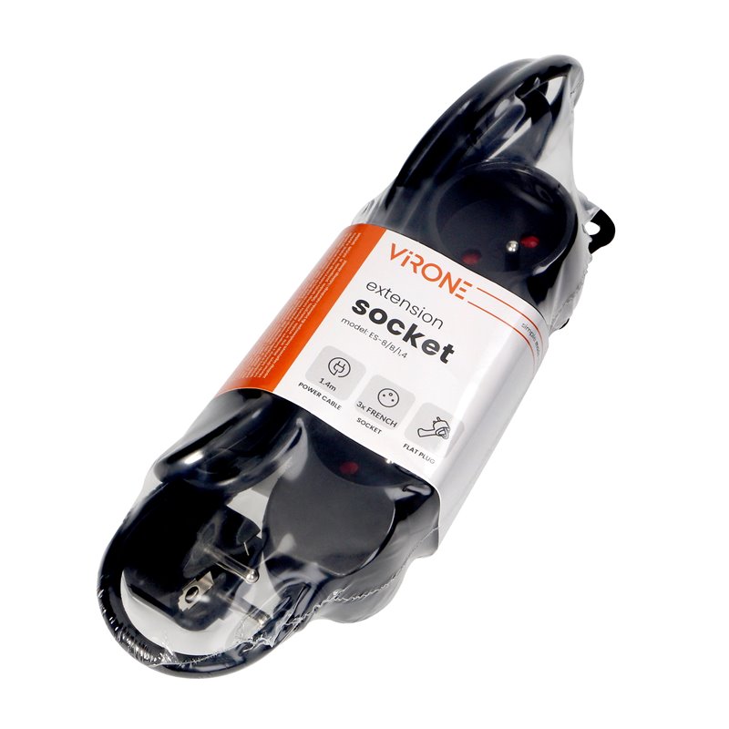 PRZEDŁUŻACZ 3X2P+Z,1,4M, 3X1MM2, CZARNY ORNO PRZEDŁUŻACZ 3X2P+Z,1,4M, 3X1MM2, CZARNY ORNO