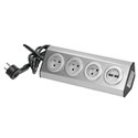 GNIAZDO MEBLOWE, KUCHENNE  Z ŁADOWARKĄ USB, MONTOWANE NA RZEPY Z PRZEWODEM 1,5M I PŁASKĄ WTYCZKĄ - 3X2P+Z FRENCH, 2XUSB, INOX OR