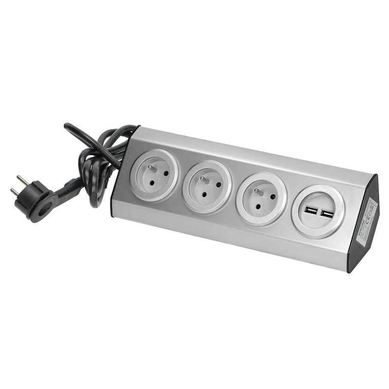 GNIAZDO MEBLOWE, KUCHENNE  Z ŁADOWARKĄ USB, MONTOWANE NA RZEPY Z PRZEWODEM 1,5M I PŁASKĄ WTYCZKĄ - 3X2P+Z FRENCH, 2XUSB, INOX OR
