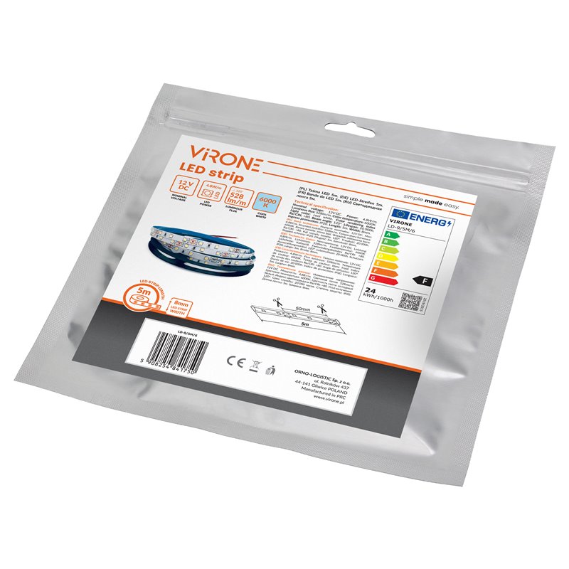 TAŚMA LED 12V, 2835, 60L/M, 500LM/M, 4,8W/M, IP20, 6000K, 5M ORNO TAŚMA LED 12V, 2835, 60L/M, 500LM/M, 4,8W/M, IP20, 6000K, 5M ORNO