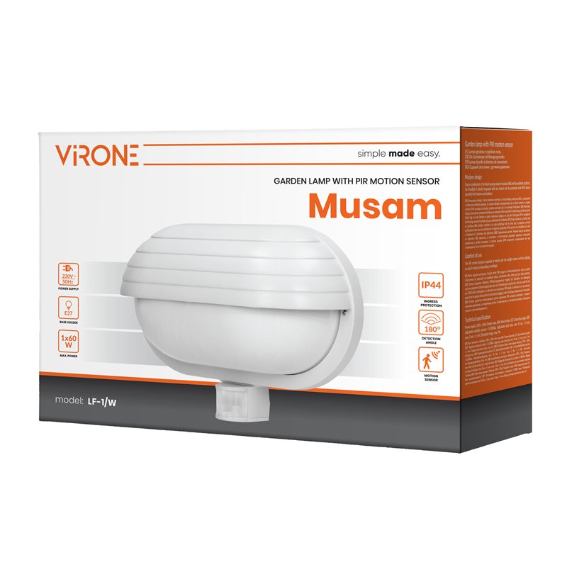 MUSAM, OPRAWA OGRODOWA Z CZUJNIKIEM RUCHU 180ST, 1X15W, E27, IP44, Z PRZESŁONĄ, PLASTIK, BIAŁA ORNO MUSAM, OPRAWA OGRODOWA Z CZUJNIKIEM RUCHU 180ST, 1X15W, E27, IP44, Z PRZESŁONĄ, PLASTIK, BIAŁA ORNO