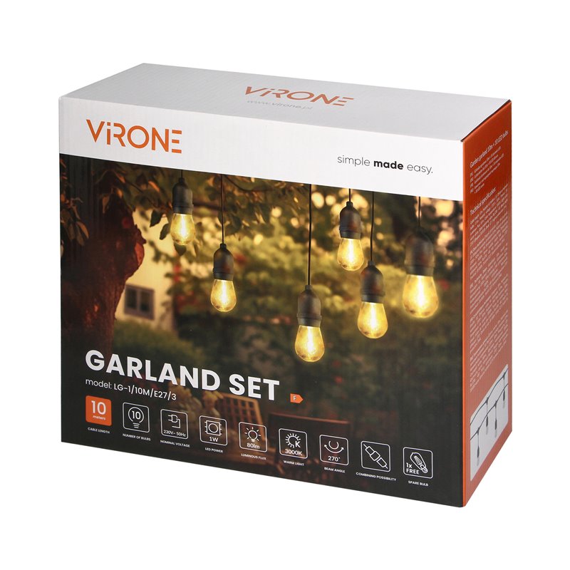 ZESTAW GIRLANDA OŚWIETLENIOWA - 1 SZNUR 10 M (10 OPRAW) + 10 ŻARÓWEK LED 1W E27, 3000K + 1 ŻARÓWKA GRATIS ORNO ZESTAW GIRLANDA OŚWIETLENIOWA - 1 SZNUR 10 M (10 OPRAW) + 10 ŻARÓWEK LED 1W E27, 3000K + 1 ŻARÓWKA GRATIS ORNO