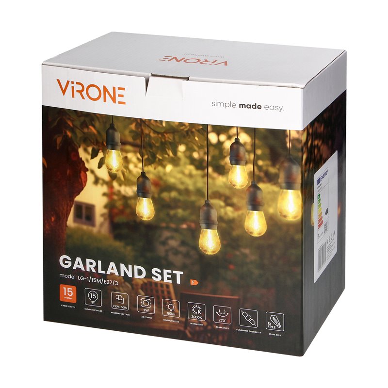ZESTAW GIRLANDA OŚWIETLENIOWA -1 SZNUR 15M (15 OPRAW) + 15 ŻARÓWEK LED 1W E27, 3000K - CIEPŁA + 1 ŻARÓWKA GRATIS! ORNO ZESTAW GIRLANDA OŚWIETLENIOWA -1 SZNUR 15M (15 OPRAW) + 15 ŻARÓWEK LED 1W E27, 3000K - CIEPŁA + 1 ŻARÓWKA GRATIS! ORNO