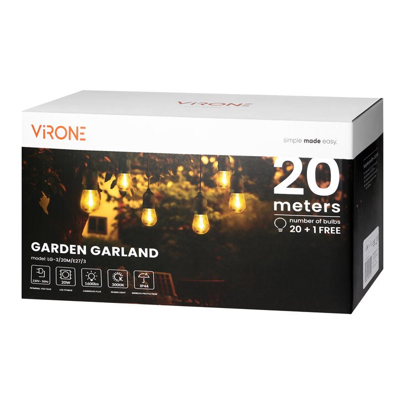 GIRLANDA OŚWIETLENIOWA - 1 SZNUR 20 M (20 OPRAW) + 20 ŻARÓWEK LED 1W E27, 3000K + 1 ŻARÓWKA GRATIS ORNO GIRLANDA OŚWIETLENIOWA - 1 SZNUR 20 M (20 OPRAW) + 20 ŻARÓWEK LED 1W E27, 3000K + 1 ŻARÓWKA GRATIS ORNO