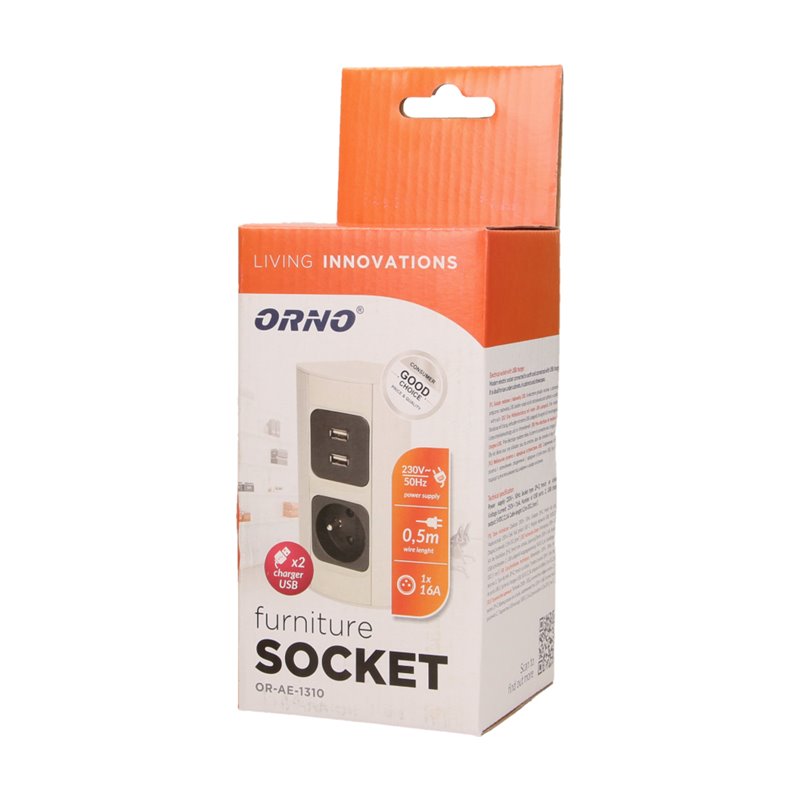 GNIAZDO MEBLOWE 1X2P+Z, 2XUSB ORNO GNIAZDO MEBLOWE 1X2P+Z, 2XUSB ORNO