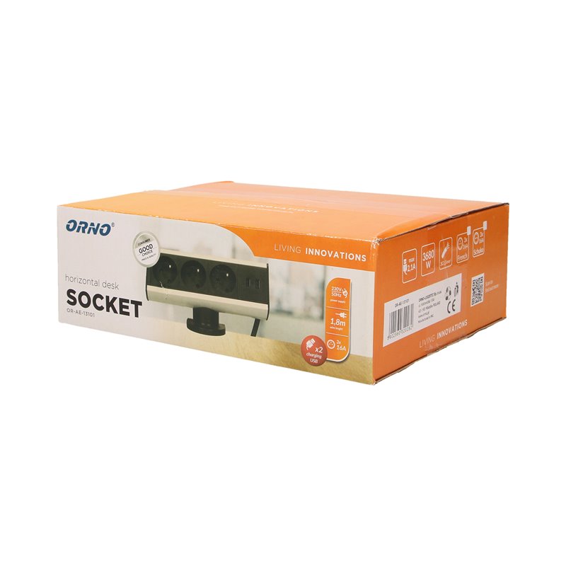 GNIAZDO MEBLOWE Z UCHWYTEM MONTAŻOWYM, ŁADOWARKĄ USB I PRZEWODEM 1,8M, 3X2P+Z, 2XUSB ORNO