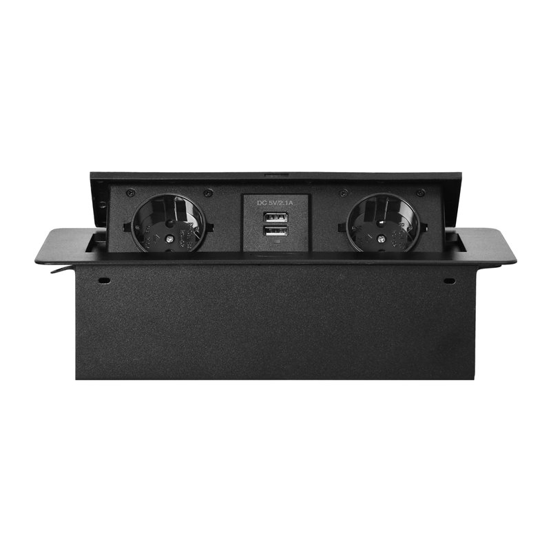 GNIAZDA MEBLOWE WPUSZCZANE W BLAT Z PŁASKIM FREZOWANYM RANTEM I ŁADOWARKĄ USB, 2X2P+Z (SCHUKO), 2XUSB, CZARNY ORNO GNIAZDA MEBLOWE WPUSZCZANE W BLAT Z PŁASKIM FREZOWANYM RANTEM I ŁADOWARKĄ USB, 2X2P+Z (SCHUKO), 2XUSB, CZARNY ORNO