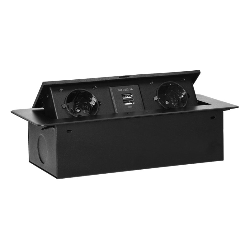 GNIAZDA MEBLOWE WPUSZCZANE W BLAT Z PŁASKIM FREZOWANYM RANTEM I ŁADOWARKĄ USB, 2X2P+Z (SCHUKO), 2XUSB, CZARNY ORNO GNIAZDA MEBLOWE WPUSZCZANE W BLAT Z PŁASKIM FREZOWANYM RANTEM I ŁADOWARKĄ USB, 2X2P+Z (SCHUKO), 2XUSB, CZARNY ORNO