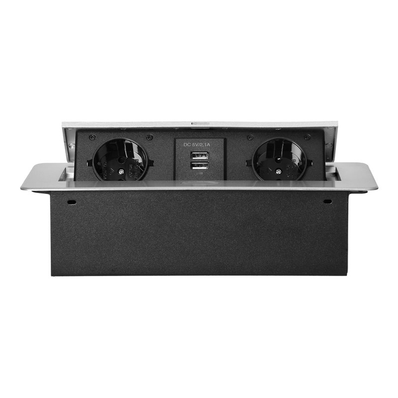 GNIAZDA MEBLOWE WPUSZCZANE W BLAT Z PŁASKIM FREZOWANYM RANTEM I ŁADOWARKĄ USB, 2X2P+Z (SCHUKO), 2XUSB, SREBRNY ORNO GNIAZDA MEBLOWE WPUSZCZANE W BLAT Z PŁASKIM FREZOWANYM RANTEM I ŁADOWARKĄ USB, 2X2P+Z (SCHUKO), 2XUSB, SREBRNY ORNO