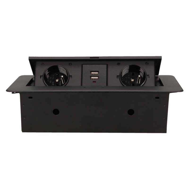 GNIAZDO MEBLOWE WPUSZCZANE W BLAT Z PŁASKIM FREZOWANYM RANTEM I ŁADOWARKĄ USB, 2X2P+Z, 2XUSB, CZARNY ORNO GNIAZDO MEBLOWE WPUSZCZANE W BLAT Z PŁASKIM FREZOWANYM RANTEM I ŁADOWARKĄ USB, 2X2P+Z, 2XUSB, CZARNY ORNO