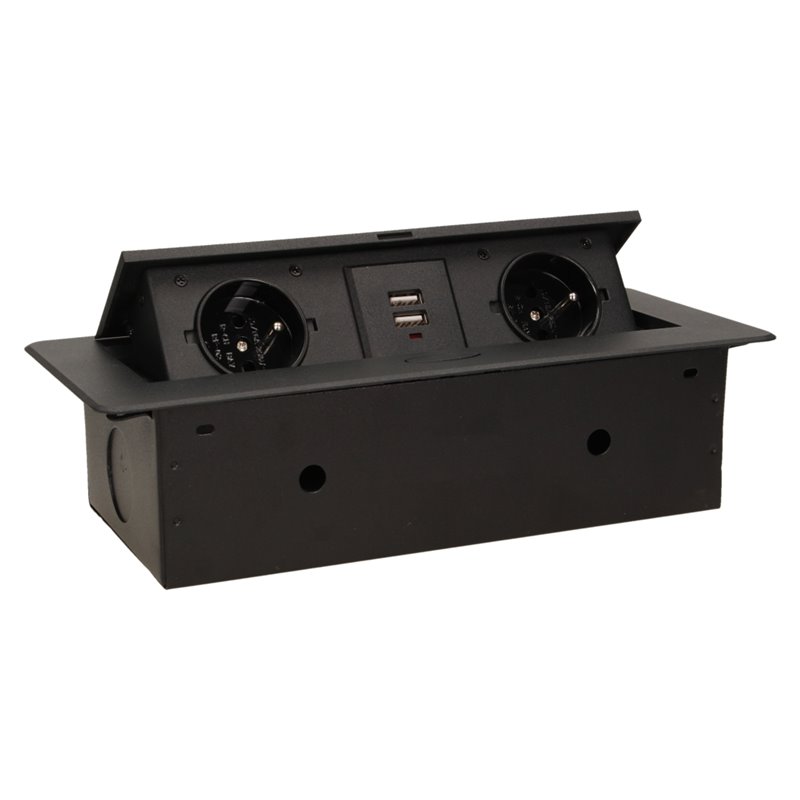 GNIAZDO MEBLOWE WPUSZCZANE W BLAT Z PŁASKIM FREZOWANYM RANTEM I ŁADOWARKĄ USB, 2X2P+Z, 2XUSB, CZARNY ORNO GNIAZDO MEBLOWE WPUSZCZANE W BLAT Z PŁASKIM FREZOWANYM RANTEM I ŁADOWARKĄ USB, 2X2P+Z, 2XUSB, CZARNY ORNO