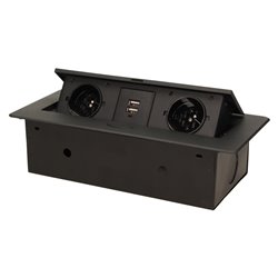 GNIAZDO MEBLOWE WPUSZCZANE W BLAT Z PŁASKIM FREZOWANYM RANTEM I ŁADOWARKĄ USB, 2X2P+Z, 2XUSB, CZARNY ORNO GNIAZDO MEBLOWE WPUSZCZANE W BLAT Z PŁASKIM FREZOWANYM RANTEM I ŁADOWARKĄ USB, 2X2P+Z, 2XUSB, CZARNY ORNO