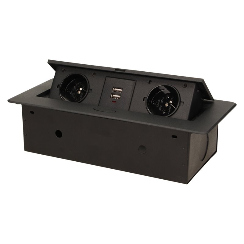 GNIAZDO MEBLOWE WPUSZCZANE W BLAT Z PŁASKIM FREZOWANYM RANTEM I ŁADOWARKĄ USB, 2X2P+Z, 2XUSB, CZARNY ORNO GNIAZDO MEBLOWE WPUSZCZANE W BLAT Z PŁASKIM FREZOWANYM RANTEM I ŁADOWARKĄ USB, 2X2P+Z, 2XUSB, CZARNY ORNO