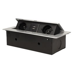 GNIAZDO MEBLOWE WPUSZCZANE W BLAT Z PŁASKIM FREZOWANYM RANTEM I ŁADOWARKĄ USB, 2X2P+Z, 2XUSB, SREBRNY ORNO GNIAZDO MEBLOWE WPUSZCZANE W BLAT Z PŁASKIM FREZOWANYM RANTEM I ŁADOWARKĄ USB, 2X2P+Z, 2XUSB, SREBRNY ORNO