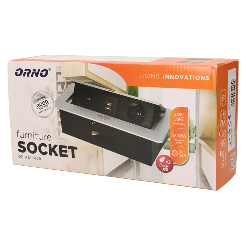 GNIAZDO MEBLOWE WPUSZCZANE W BLAT Z PŁASKIM FREZOWANYM RANTEM I ŁADOWARKĄ USB, 2X2P+Z, 2XUSB, SREBRNY ORNO GNIAZDO MEBLOWE WPUSZCZANE W BLAT Z PŁASKIM FREZOWANYM RANTEM I ŁADOWARKĄ USB, 2X2P+Z, 2XUSB, SREBRNY ORNO