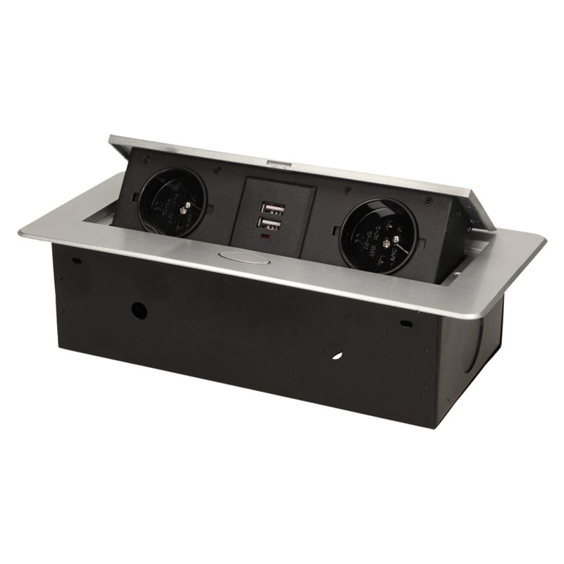 GNIAZDO MEBLOWE WPUSZCZANE W BLAT Z PŁASKIM FREZOWANYM RANTEM I ŁADOWARKĄ USB, 2X2P+Z, 2XUSB, SREBRNY ORNO GNIAZDO MEBLOWE WPUSZCZANE W BLAT Z PŁASKIM FREZOWANYM RANTEM I ŁADOWARKĄ USB, 2X2P+Z, 2XUSB, SREBRNY ORNO