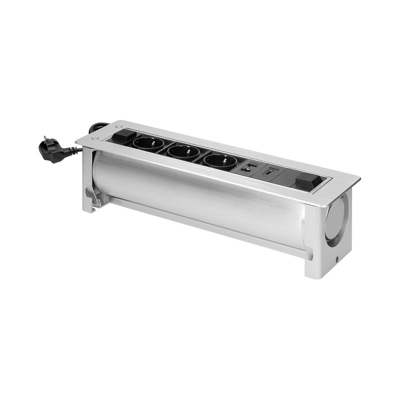 GNIAZDO MEBLOWE WPUSZCZANE W BLAT Z PŁASKIM FREZOWANYM RANTEM ORAZ ELEKTRYCZNYM OTWIERANIEM, 3X2P+Z (SCHUKO), 2XNET,1XHDMI ORNO