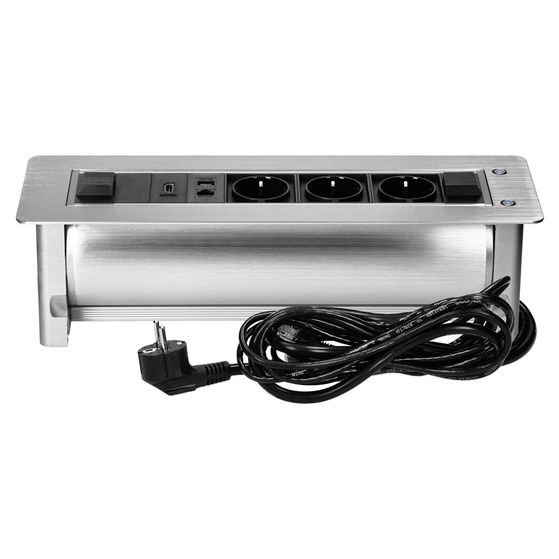 GNIAZDO MEBLOWE WPUSZCZANE W BLAT Z PŁASKIM FREZOWANYM RANTEM ORAZ ELEKTRYCZNYM OTWIERANIEM, 3X2P+Z (SCHUKO), 2XNET,1XHDMI ORNO GNIAZDO MEBLOWE WPUSZCZANE W BLAT Z PŁASKIM FREZOWANYM RANTEM ORAZ ELEKTRYCZNYM OTWIERANIEM, 3X2P+Z (SCHUKO), 2XNET,1XHDMI ORNO
