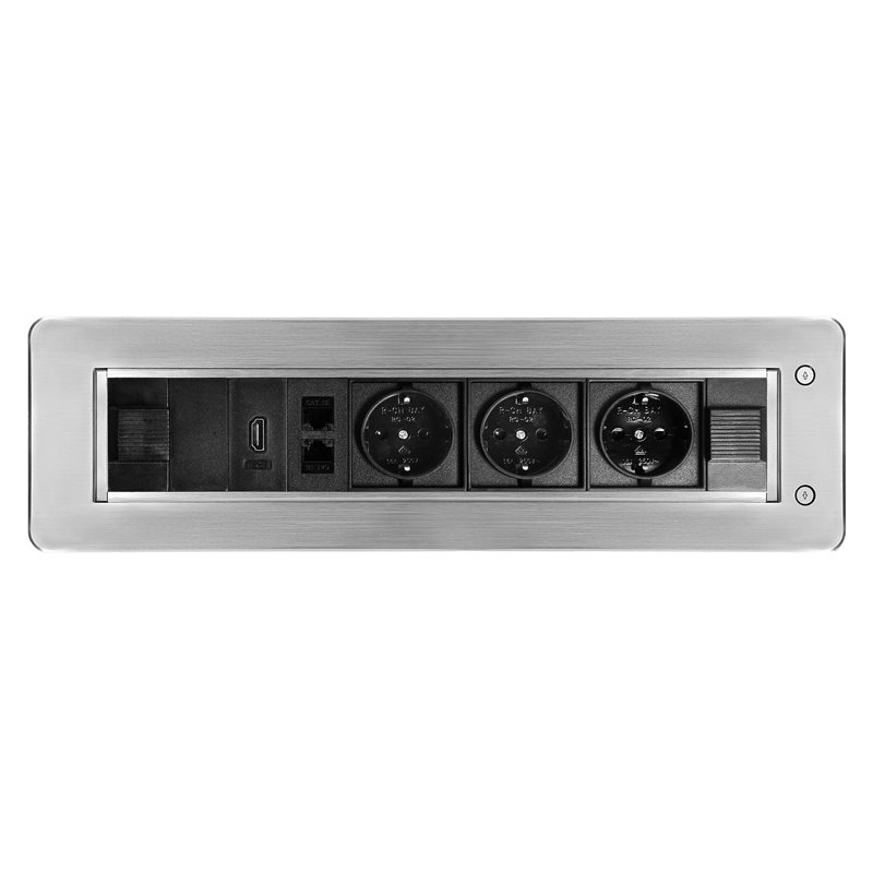 GNIAZDO MEBLOWE WPUSZCZANE W BLAT Z PŁASKIM FREZOWANYM RANTEM ORAZ ELEKTRYCZNYM OTWIERANIEM, 3X2P+Z (SCHUKO), 2XNET,1XHDMI ORNO GNIAZDO MEBLOWE WPUSZCZANE W BLAT Z PŁASKIM FREZOWANYM RANTEM ORAZ ELEKTRYCZNYM OTWIERANIEM, 3X2P+Z (SCHUKO), 2XNET,1XHDMI ORNO