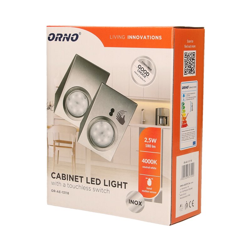 ZESTAW OPRAW PODSZAFKOWYCH LED 2,5W, 180LM, 4000K, Z WYŁĄCZNIKIEM BEZDOTYKOWYM, INOX ORNO ZESTAW OPRAW PODSZAFKOWYCH LED 2,5W, 180LM, 4000K, Z WYŁĄCZNIKIEM BEZDOTYKOWYM, INOX ORNO