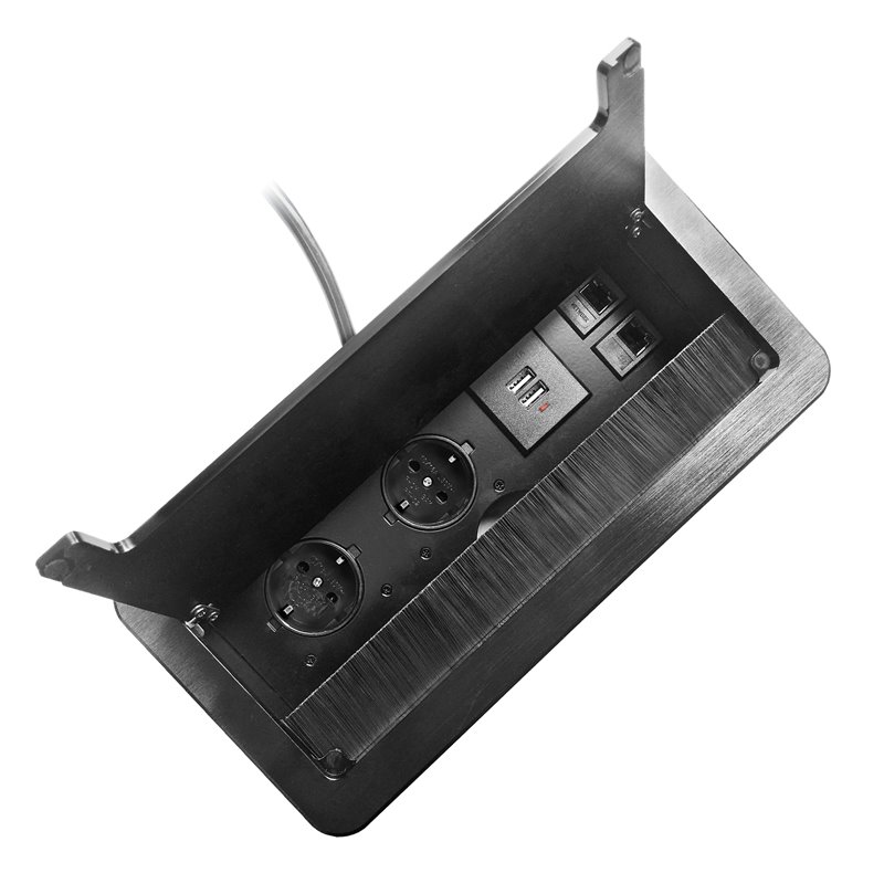 GNIAZDO MEBLOWE WPUSZCZANE W BLAT Z PŁASKIM FREZOWANYM RANTEM, SZCZOTKĄ PRZECIWKURZOWĄ, ŁADOWARKĄ USB I PRZEWODEM 1,5M, 2X2P+Z, GNIAZDO MEBLOWE WPUSZCZANE W BLAT Z PŁASKIM FREZOWANYM RANTEM, SZCZOTKĄ PRZECIWKURZOWĄ, ŁADOWARKĄ USB I PRZEWODEM 1,5M, 2X2P+Z,