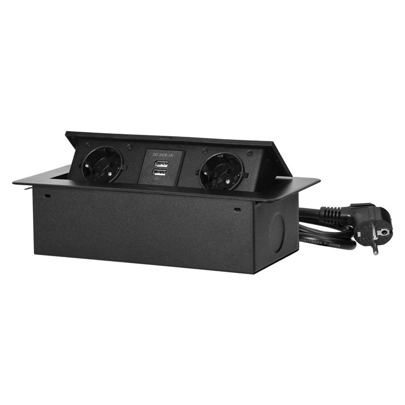 GNIAZDA MEBLOWE WPUSZCZANE W BLAT Z PŁASKIM FREZOWANYM RANTEM, ŁADOWARKĄ USB I PRZEWODEM 1,5M, 2X2P+Z (SCHUKO), 2XUSB, CZARNE OR GNIAZDA MEBLOWE WPUSZCZANE W BLAT Z PŁASKIM FREZOWANYM RANTEM, ŁADOWARKĄ USB I PRZEWODEM 1,5M, 2X2P+Z (SCHUKO), 2XUSB, CZARNE OR