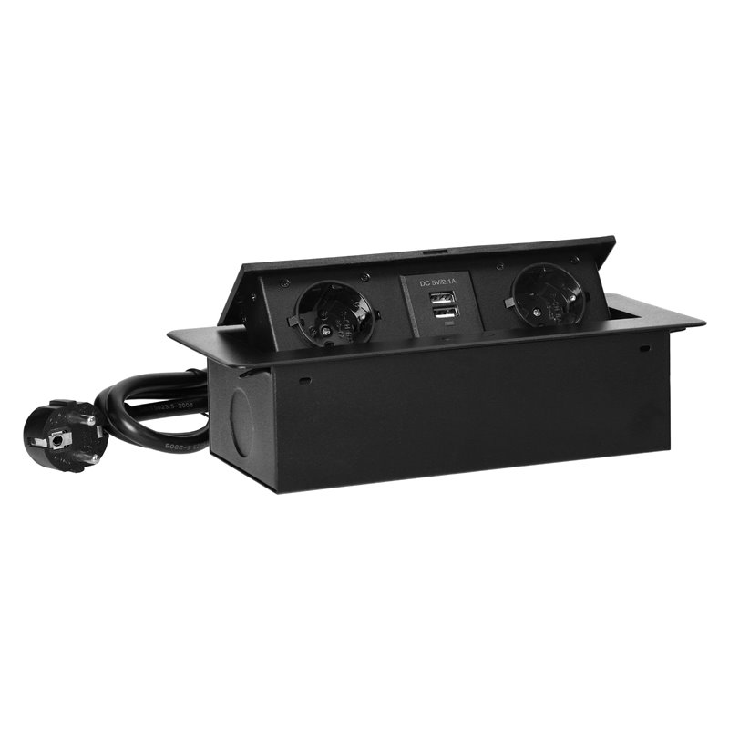 GNIAZDA MEBLOWE WPUSZCZANE W BLAT Z PŁASKIM FREZOWANYM RANTEM, ŁADOWARKĄ USB I PRZEWODEM 1,5M, 2X2P+Z (SCHUKO), 2XUSB, CZARNE OR GNIAZDA MEBLOWE WPUSZCZANE W BLAT Z PŁASKIM FREZOWANYM RANTEM, ŁADOWARKĄ USB I PRZEWODEM 1,5M, 2X2P+Z (SCHUKO), 2XUSB, CZARNE OR