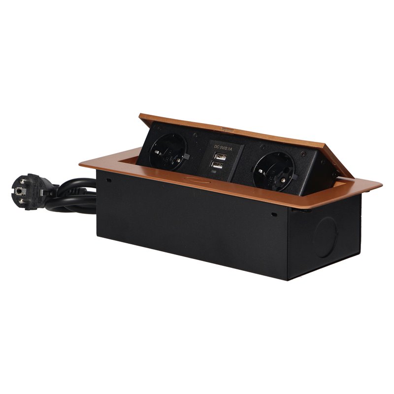 GNIAZDA MEBLOWE WPUSZCZANE W BLAT Z PŁASKIM FREZOWANYM RANTEM, ŁADOWARKĄ USB I PRZEWODEM 1,5M, 2X2P+Z (SCHUKO), 2XUSB, ZŁOTE ORN GNIAZDA MEBLOWE WPUSZCZANE W BLAT Z PŁASKIM FREZOWANYM RANTEM, ŁADOWARKĄ USB I PRZEWODEM 1,5M, 2X2P+Z (SCHUKO), 2XUSB, ZŁOTE ORN