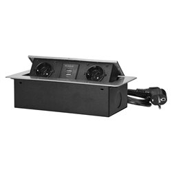 GNIAZDA MEBLOWE WPUSZCZANE W BLAT Z PŁASKIM FREZOWANYM RANTEM, ŁADOWARKĄ USB I PRZEWODEM 1,5M, 2X2P+Z (SCHUKO), 2XUSB, SREBRNE O GNIAZDA MEBLOWE WPUSZCZANE W BLAT Z PŁASKIM FREZOWANYM RANTEM, ŁADOWARKĄ USB I PRZEWODEM 1,5M, 2X2P+Z (SCHUKO), 2XUSB, SREBRNE O