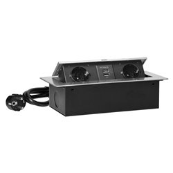 GNIAZDA MEBLOWE WPUSZCZANE W BLAT Z PŁASKIM FREZOWANYM RANTEM, ŁADOWARKĄ USB I PRZEWODEM 1,5M, 2X2P+Z (SCHUKO), 2XUSB, SREBRNE O GNIAZDA MEBLOWE WPUSZCZANE W BLAT Z PŁASKIM FREZOWANYM RANTEM, ŁADOWARKĄ USB I PRZEWODEM 1,5M, 2X2P+Z (SCHUKO), 2XUSB, SREBRNE O