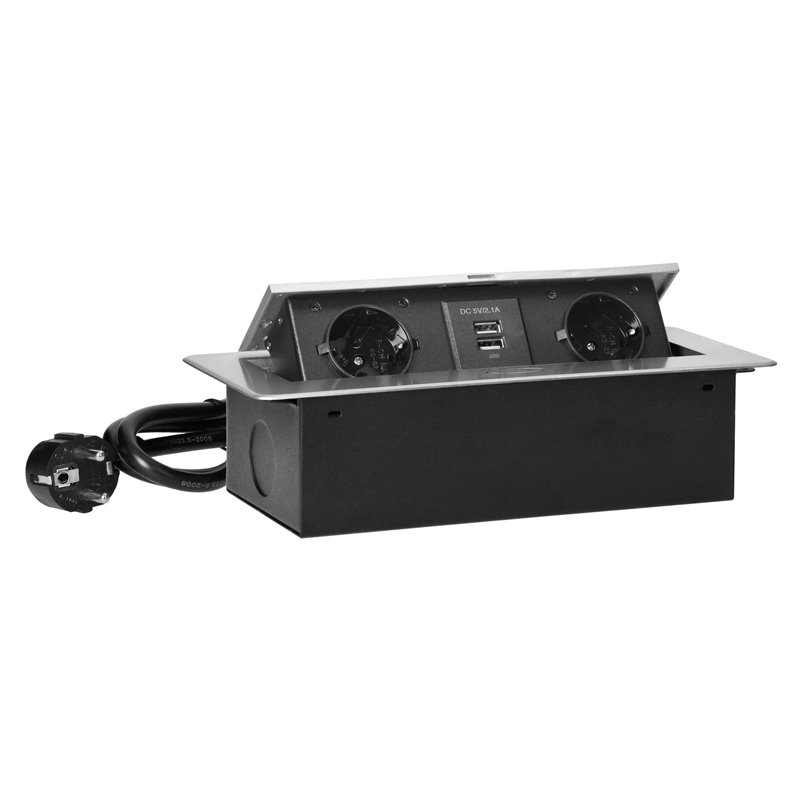 GNIAZDA MEBLOWE WPUSZCZANE W BLAT Z PŁASKIM FREZOWANYM RANTEM, ŁADOWARKĄ USB I PRZEWODEM 1,5M, 2X2P+Z (SCHUKO), 2XUSB, SREBRNE O GNIAZDA MEBLOWE WPUSZCZANE W BLAT Z PŁASKIM FREZOWANYM RANTEM, ŁADOWARKĄ USB I PRZEWODEM 1,5M, 2X2P+Z (SCHUKO), 2XUSB, SREBRNE O