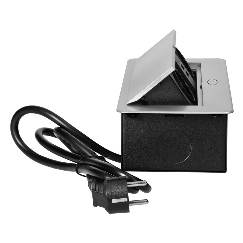 GNIAZDA MEBLOWE WPUSZCZANE W BLAT Z PŁASKIM FREZOWANYM RANTEM, ŁADOWARKĄ USB I PRZEWODEM 1,5M, 2X2P+Z (SCHUKO), 2XUSB, SREBRNE O GNIAZDA MEBLOWE WPUSZCZANE W BLAT Z PŁASKIM FREZOWANYM RANTEM, ŁADOWARKĄ USB I PRZEWODEM 1,5M, 2X2P+Z (SCHUKO), 2XUSB, SREBRNE O