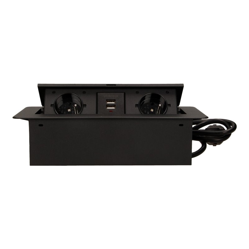 GNIAZDO MEBLOWE WPUSZCZANE W BLAT Z PŁASKIM FREZOWANYM RANTEM, ŁADOWARKĄ USB I PRZEWODEM 1,5M, 2X2P+Z, 2XUSB, CZARNE ORNO GNIAZDO MEBLOWE WPUSZCZANE W BLAT Z PŁASKIM FREZOWANYM RANTEM, ŁADOWARKĄ USB I PRZEWODEM 1,5M, 2X2P+Z, 2XUSB, CZARNE ORNO