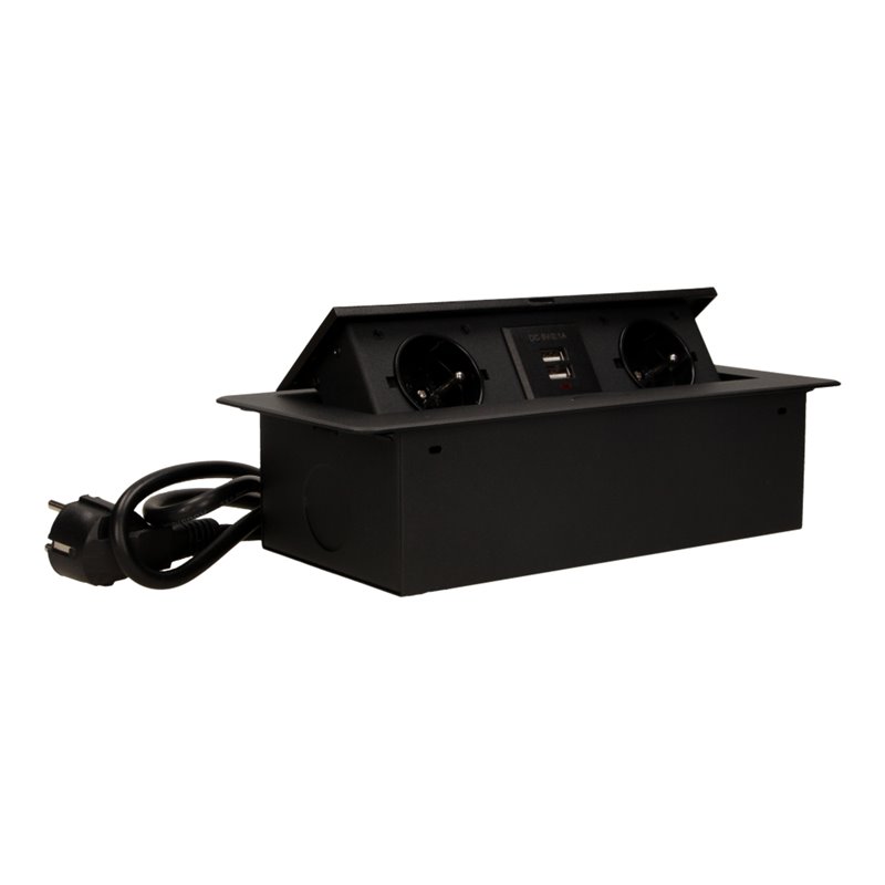 GNIAZDO MEBLOWE WPUSZCZANE W BLAT Z PŁASKIM FREZOWANYM RANTEM, ŁADOWARKĄ USB I PRZEWODEM 1,5M, 2X2P+Z, 2XUSB, CZARNE ORNO GNIAZDO MEBLOWE WPUSZCZANE W BLAT Z PŁASKIM FREZOWANYM RANTEM, ŁADOWARKĄ USB I PRZEWODEM 1,5M, 2X2P+Z, 2XUSB, CZARNE ORNO