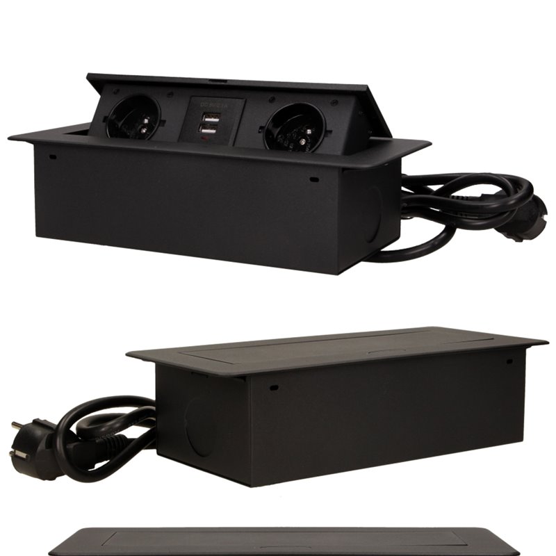 GNIAZDO MEBLOWE WPUSZCZANE W BLAT Z PŁASKIM FREZOWANYM RANTEM, ŁADOWARKĄ USB I PRZEWODEM 1,5M, 2X2P+Z, 2XUSB, CZARNE ORNO GNIAZDO MEBLOWE WPUSZCZANE W BLAT Z PŁASKIM FREZOWANYM RANTEM, ŁADOWARKĄ USB I PRZEWODEM 1,5M, 2X2P+Z, 2XUSB, CZARNE ORNO