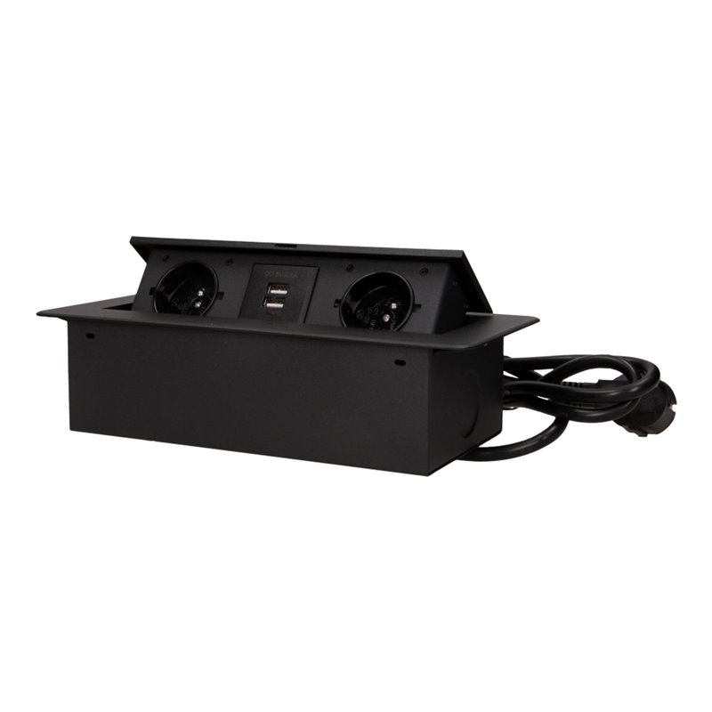 GNIAZDO MEBLOWE WPUSZCZANE W BLAT Z PŁASKIM FREZOWANYM RANTEM, ŁADOWARKĄ USB I PRZEWODEM 3M, 2X2P+Z, 2XUSB, CZARNE ORNO GNIAZDO MEBLOWE WPUSZCZANE W BLAT Z PŁASKIM FREZOWANYM RANTEM, ŁADOWARKĄ USB I PRZEWODEM 3M, 2X2P+Z, 2XUSB, CZARNE ORNO