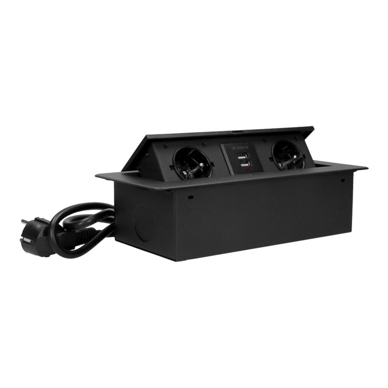 GNIAZDO MEBLOWE WPUSZCZANE W BLAT Z PŁASKIM FREZOWANYM RANTEM, ŁADOWARKĄ USB I PRZEWODEM 3M, 2X2P+Z, 2XUSB, CZARNE ORNO GNIAZDO MEBLOWE WPUSZCZANE W BLAT Z PŁASKIM FREZOWANYM RANTEM, ŁADOWARKĄ USB I PRZEWODEM 3M, 2X2P+Z, 2XUSB, CZARNE ORNO
