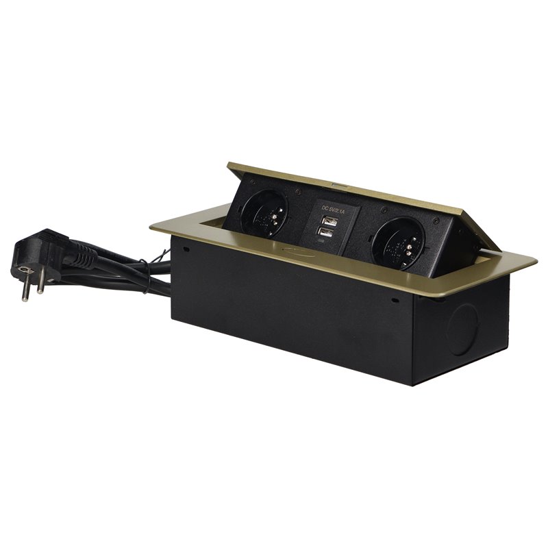 GNIAZDA MEBLOWE WPUSZCZANE W BLAT Z PŁASKIM FREZOWANYM RANTEM, ŁADOWARKĄ USB I PRZEWODEM 1,5M, 2X2P+Z, 2XUSB, KOLOR MOSIĄDZU ORN GNIAZDA MEBLOWE WPUSZCZANE W BLAT Z PŁASKIM FREZOWANYM RANTEM, ŁADOWARKĄ USB I PRZEWODEM 1,5M, 2X2P+Z, 2XUSB, KOLOR MOSIĄDZU ORN