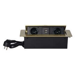GNIAZDA MEBLOWE WPUSZCZANE W BLAT Z PŁASKIM FREZOWANYM RANTEM, ŁADOWARKĄ USB I PRZEWODEM 1,5M, 2X2P+Z, 2XUSB, KOLOR MOSIĄDZU ORN GNIAZDA MEBLOWE WPUSZCZANE W BLAT Z PŁASKIM FREZOWANYM RANTEM, ŁADOWARKĄ USB I PRZEWODEM 1,5M, 2X2P+Z, 2XUSB, KOLOR MOSIĄDZU ORN