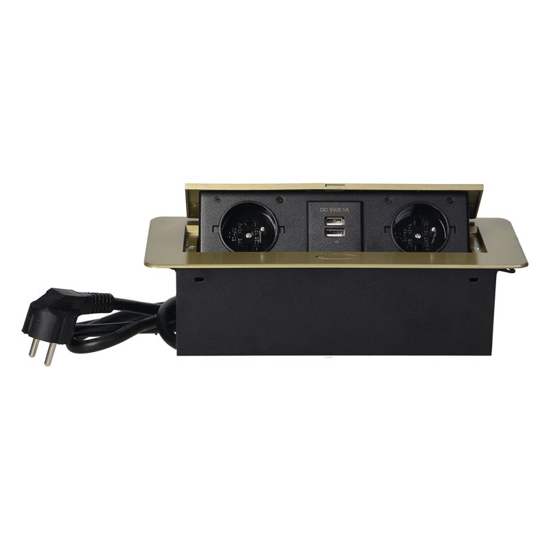 GNIAZDA MEBLOWE WPUSZCZANE W BLAT Z PŁASKIM FREZOWANYM RANTEM, ŁADOWARKĄ USB I PRZEWODEM 1,5M, 2X2P+Z, 2XUSB, KOLOR MOSIĄDZU ORN GNIAZDA MEBLOWE WPUSZCZANE W BLAT Z PŁASKIM FREZOWANYM RANTEM, ŁADOWARKĄ USB I PRZEWODEM 1,5M, 2X2P+Z, 2XUSB, KOLOR MOSIĄDZU ORN
