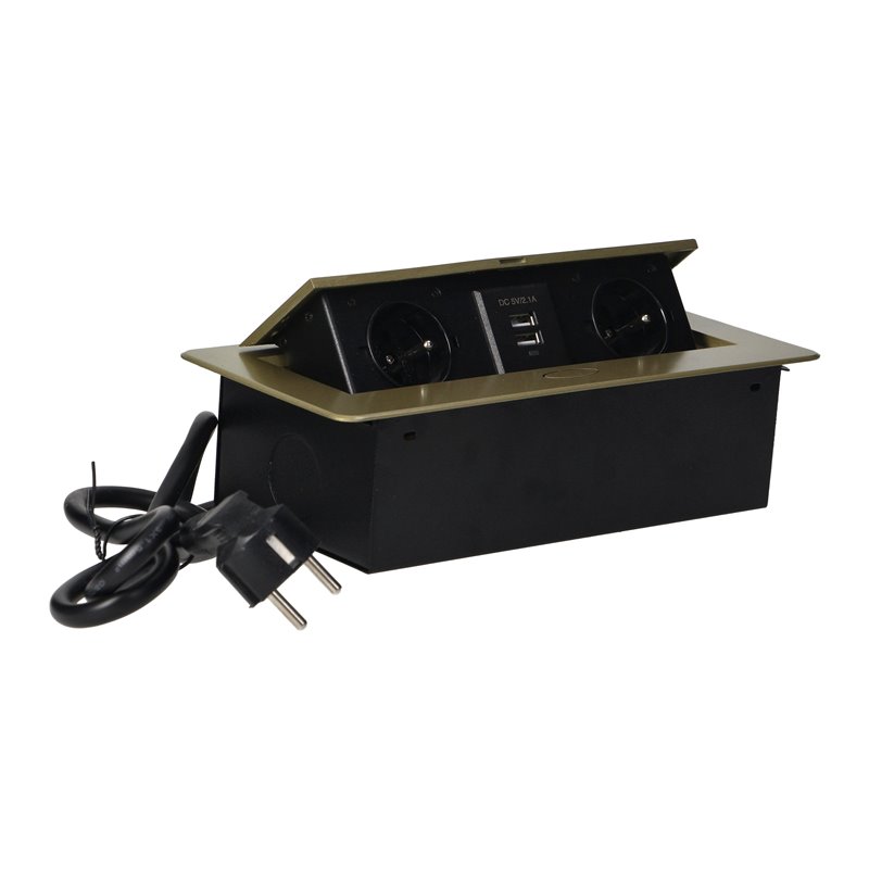 GNIAZDA MEBLOWE WPUSZCZANE W BLAT Z PŁASKIM FREZOWANYM RANTEM, ŁADOWARKĄ USB I PRZEWODEM 1,5M, 2X2P+Z, 2XUSB, KOLOR MOSIĄDZU ORN GNIAZDA MEBLOWE WPUSZCZANE W BLAT Z PŁASKIM FREZOWANYM RANTEM, ŁADOWARKĄ USB I PRZEWODEM 1,5M, 2X2P+Z, 2XUSB, KOLOR MOSIĄDZU ORN