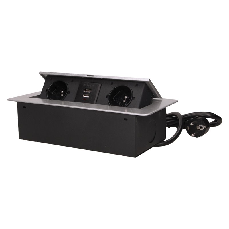 GNIAZDO MEBLOWE WPUSZCZANE W BLAT Z PŁASKIM FREZOWANYM RANTEM, ŁADOWARKĄ USB I PRZEWODEM 1,5M, 2X2P+Z, 2XUSB, SREBRNE ORNO GNIAZDO MEBLOWE WPUSZCZANE W BLAT Z PŁASKIM FREZOWANYM RANTEM, ŁADOWARKĄ USB I PRZEWODEM 1,5M, 2X2P+Z, 2XUSB, SREBRNE ORNO