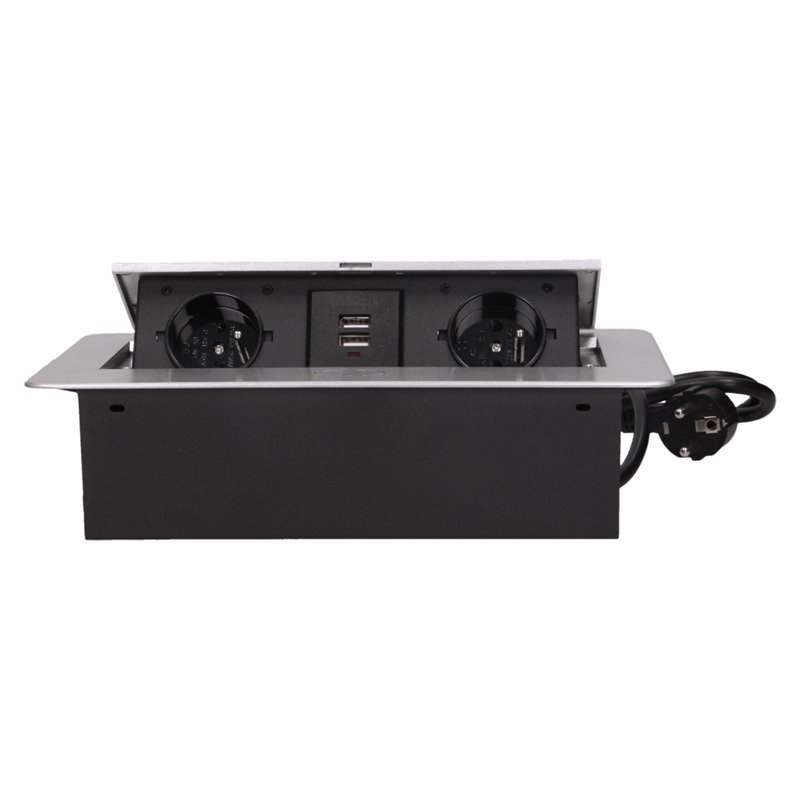 GNIAZDO MEBLOWE WPUSZCZANE W BLAT Z PŁASKIM FREZOWANYM RANTEM, ŁADOWARKĄ USB I PRZEWODEM 1,5M, 2X2P+Z, 2XUSB, SREBRNE ORNO GNIAZDO MEBLOWE WPUSZCZANE W BLAT Z PŁASKIM FREZOWANYM RANTEM, ŁADOWARKĄ USB I PRZEWODEM 1,5M, 2X2P+Z, 2XUSB, SREBRNE ORNO