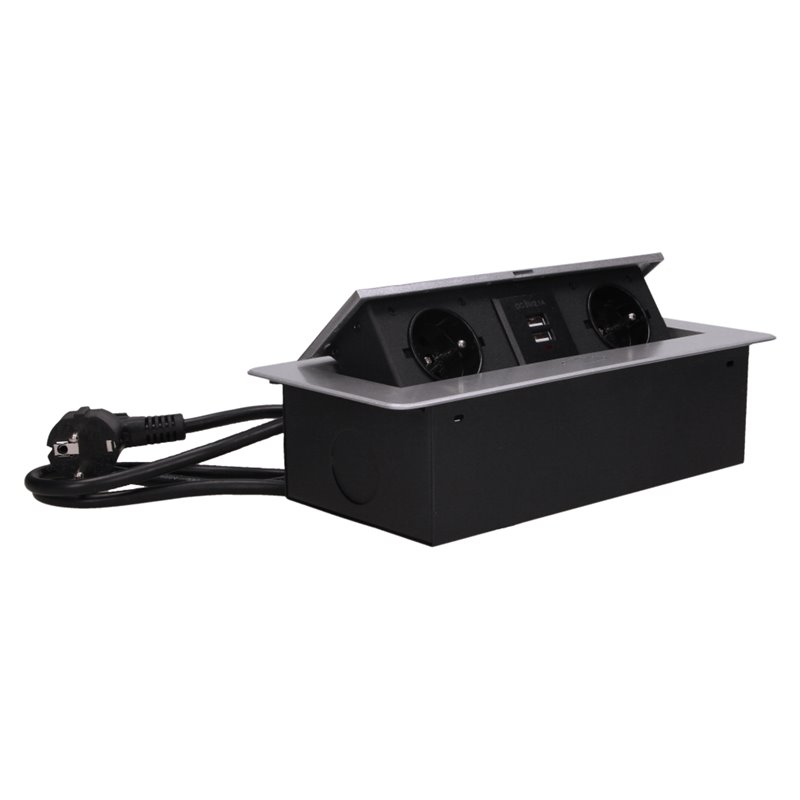 GNIAZDO MEBLOWE WPUSZCZANE W BLAT Z PŁASKIM FREZOWANYM RANTEM, ŁADOWARKĄ USB I PRZEWODEM 1,5M, 2X2P+Z, 2XUSB, SREBRNE ORNO GNIAZDO MEBLOWE WPUSZCZANE W BLAT Z PŁASKIM FREZOWANYM RANTEM, ŁADOWARKĄ USB I PRZEWODEM 1,5M, 2X2P+Z, 2XUSB, SREBRNE ORNO