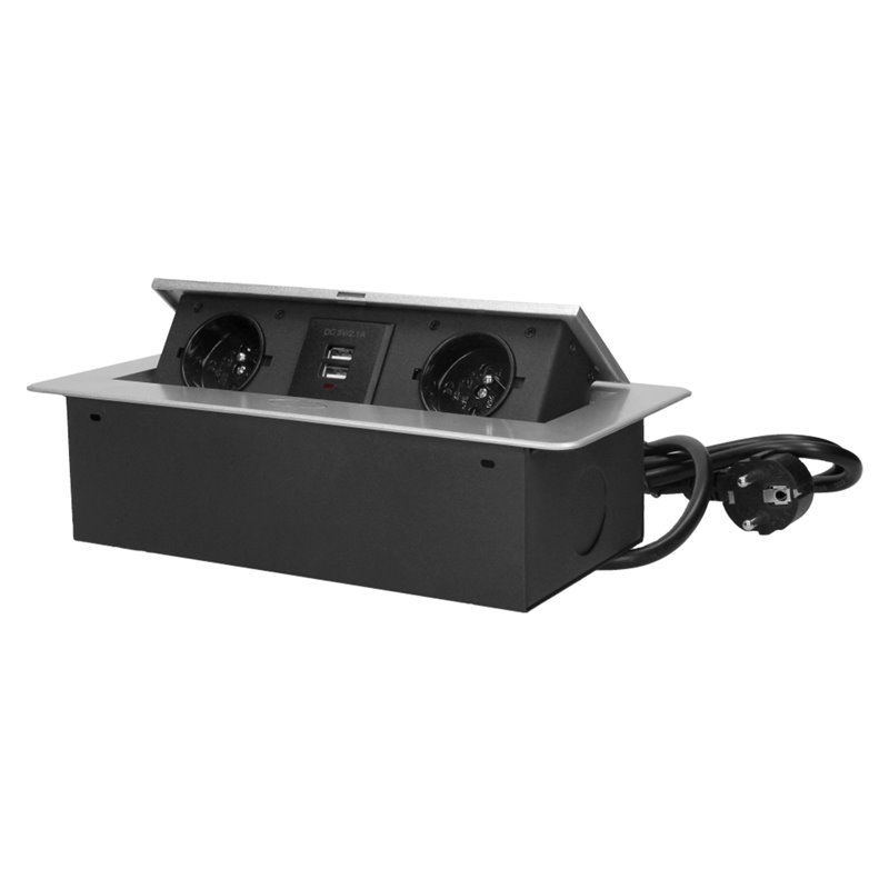 GNIAZDO MEBLOWE WPUSZCZANE W BLAT Z PŁASKIM FREZOWANYM RANTEM, ŁADOWARKĄ USB I PRZEWODEM 3M, 2X2P+Z, 2XUSB, SREBRNE ORNO GNIAZDO MEBLOWE WPUSZCZANE W BLAT Z PŁASKIM FREZOWANYM RANTEM, ŁADOWARKĄ USB I PRZEWODEM 3M, 2X2P+Z, 2XUSB, SREBRNE ORNO