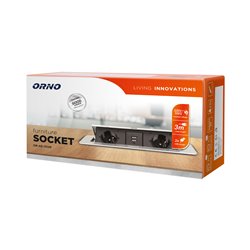 GNIAZDO MEBLOWE WPUSZCZANE W BLAT Z PŁASKIM FREZOWANYM RANTEM, ŁADOWARKĄ USB I PRZEWODEM 3M, 2X2P+Z, 2XUSB, SREBRNE ORNO GNIAZDO MEBLOWE WPUSZCZANE W BLAT Z PŁASKIM FREZOWANYM RANTEM, ŁADOWARKĄ USB I PRZEWODEM 3M, 2X2P+Z, 2XUSB, SREBRNE ORNO