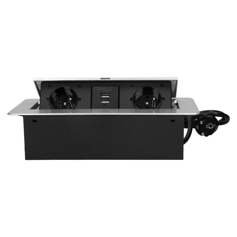 GNIAZDO MEBLOWE WPUSZCZANE W BLAT Z PŁASKIM FREZOWANYM RANTEM, ŁADOWARKĄ USB I PRZEWODEM 3M, 2X2P+Z, 2XUSB, SREBRNE ORNO GNIAZDO MEBLOWE WPUSZCZANE W BLAT Z PŁASKIM FREZOWANYM RANTEM, ŁADOWARKĄ USB I PRZEWODEM 3M, 2X2P+Z, 2XUSB, SREBRNE ORNO