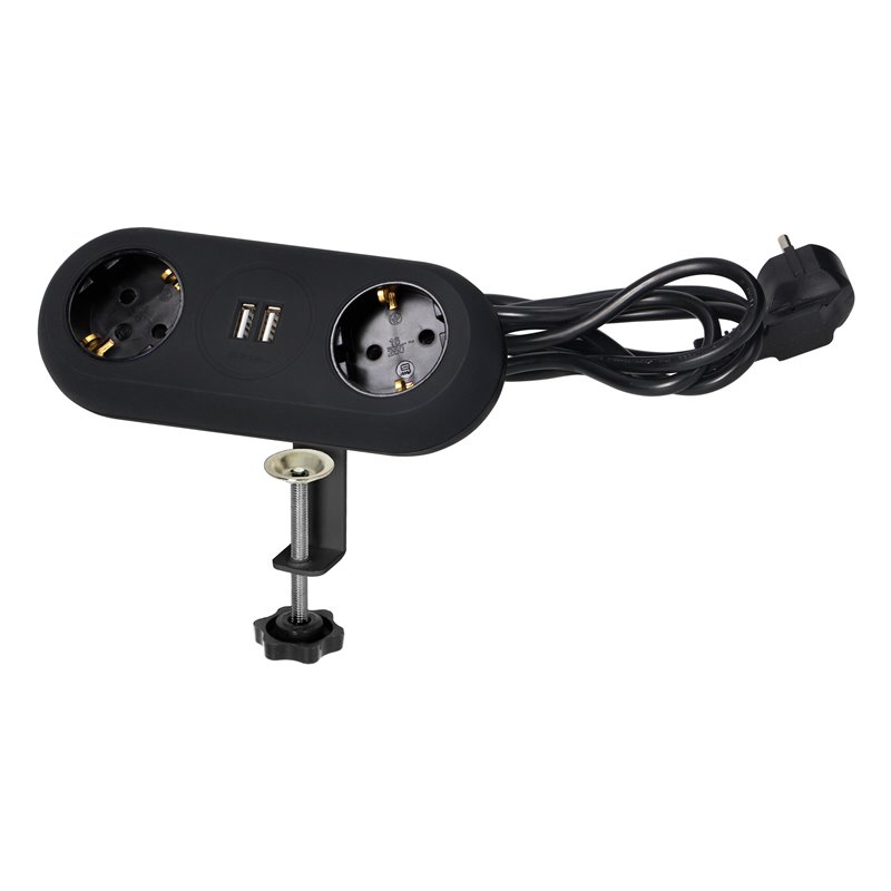 GNIAZDO MEBLOWE Z UCHWYTEM MONTAŻOWYM, ŁADOWARKĄ USB, 2 GNIAZDA 2P+Z (SCHUKO), 2XUSB, PRZEWÓD 3X1,5MM2 - 1,4M, CZARNE ORNO